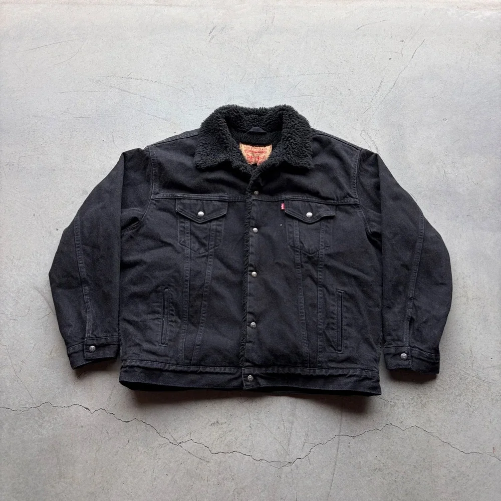 Vintage Levis Sherpa Lined Denim Trucker Jacket Black Made in USA 70629 XL
